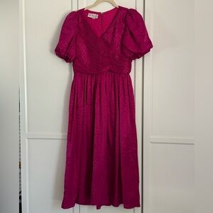 Vibrant Vintage Pink Midi Dress with Puff Sleeves